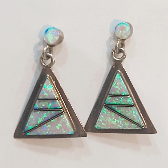 Vintage Jewelry - Vintage Sterling Silver & Opal Triangle Earrings